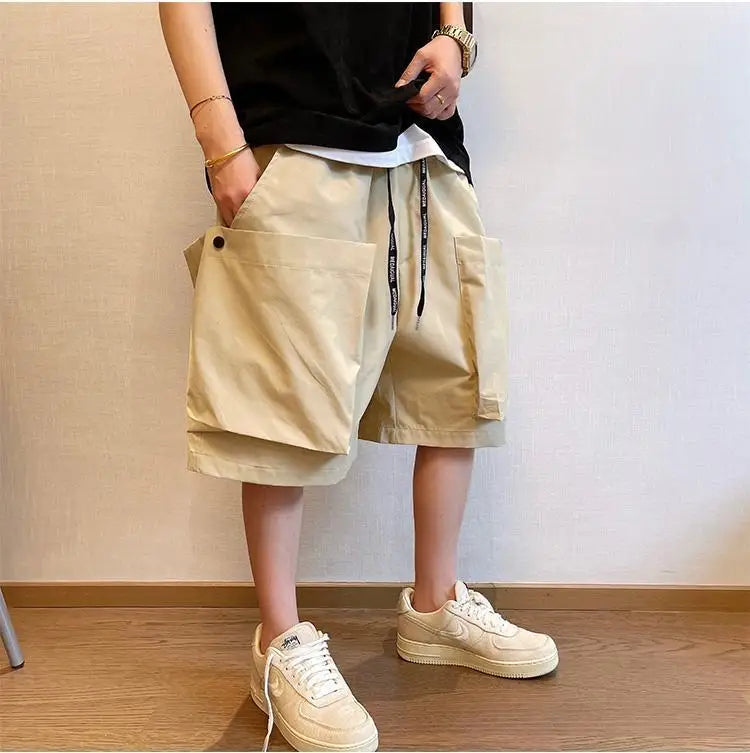 Men Cargo Shorts - Casual Streetwear Big Pocket Design Drawstring Waist Baggy Beach Shorts