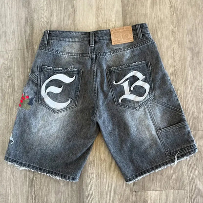 Denim Shorts Men - American Fashion Printed Low Waist Cargo Style Hip Hop Shorts
