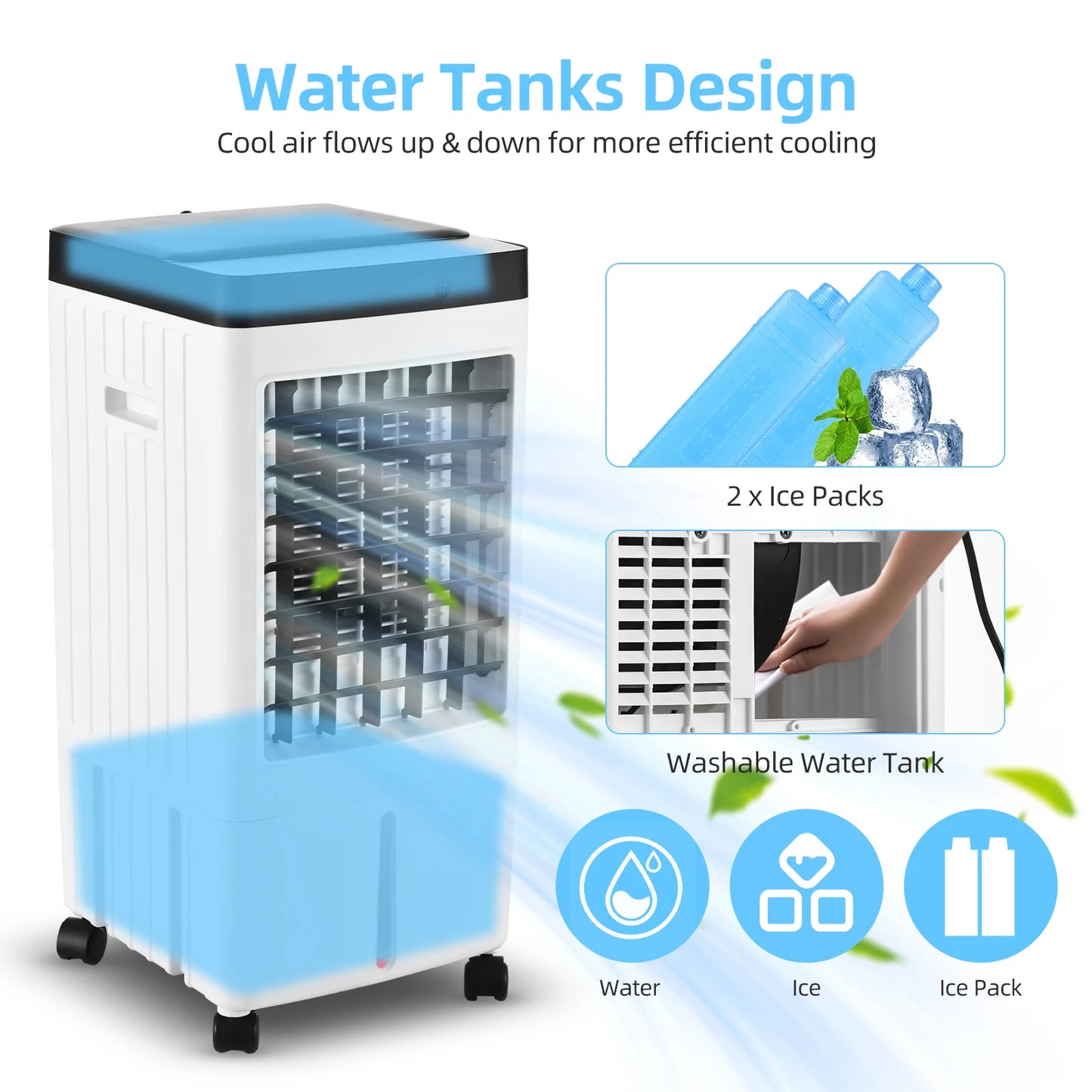Evaporative Air Cooler 100° Oscillation Swamp Cooler with Remote Control / 2 Ice Boxes / 2.11 Gal Water Tank 1-7H Timer 3 Wind