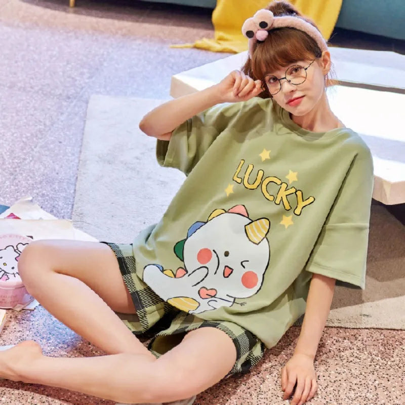 Sweet Cute Nightwear Women Thin Short Sleeve Cartoon Bear Pajamas O-Neck Pullover Student Sleepwear Loungewear Set Korean