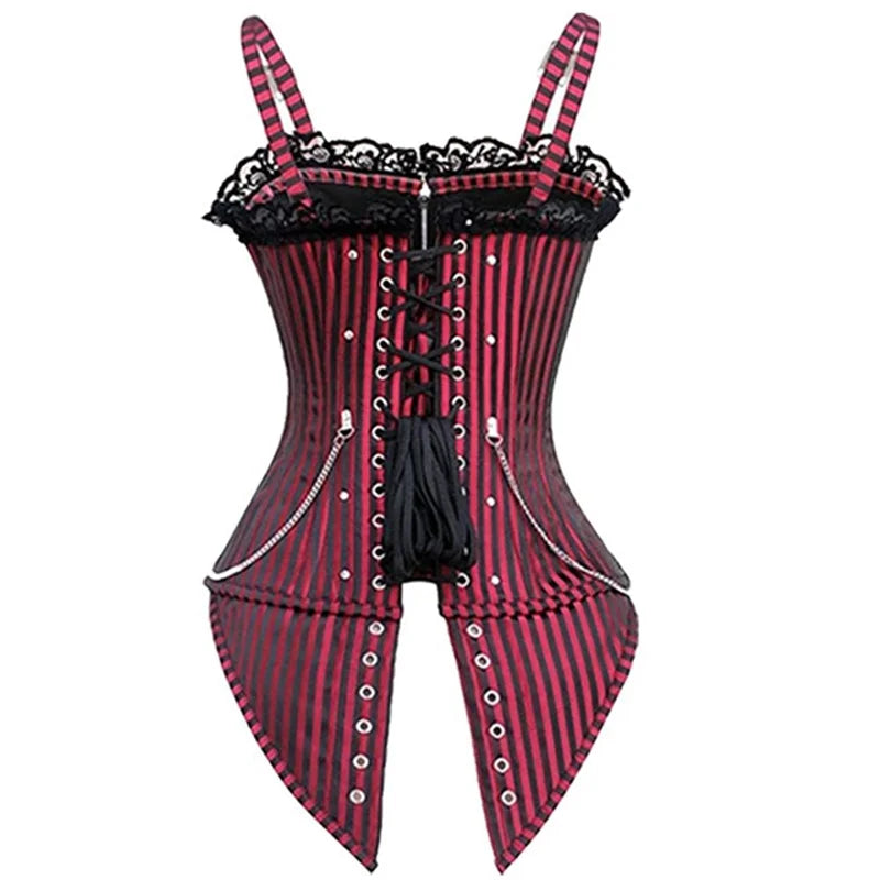 Sexy Women Gothic Corset & Bustier Striped Zip Buckled Steampunk Overbust Corselet Top Vest Punk Rock Style Clothes