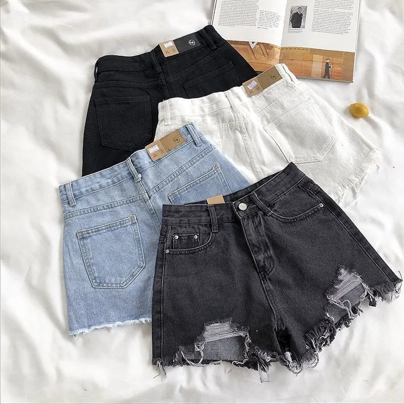 Women's High-Waist Denim Shorts – Korean Tassel Jean Shorts