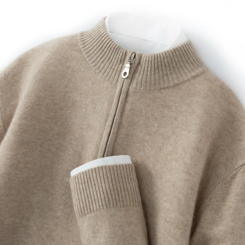 CHICUU Men's 100% Cashmere Sweater Zipper Pullover Mock Neck Long Sleeve Basic Cashmere Knitwear Autumn Winter Clothing Tops