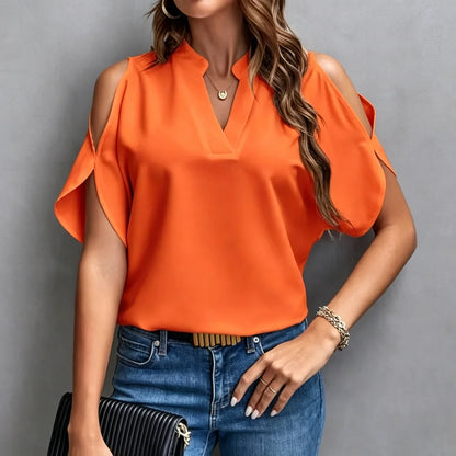 Elegant V-Neck Women's Short-Sleeve Shirt - Solid Color, Notched Collar, Loose European & American Style Versatile Top