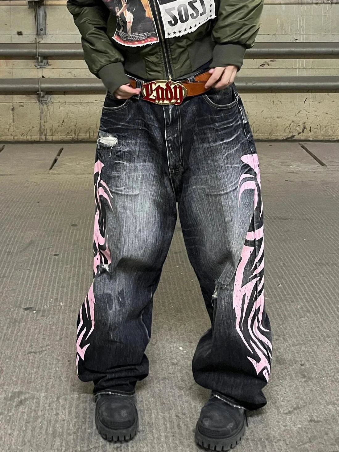 Men's Mottled Totem Print Jeans American Style Old Washed Wide Leg Retro Loose Fashion Trend Wide Leg Jeans Goth Pant Y2K Unisex