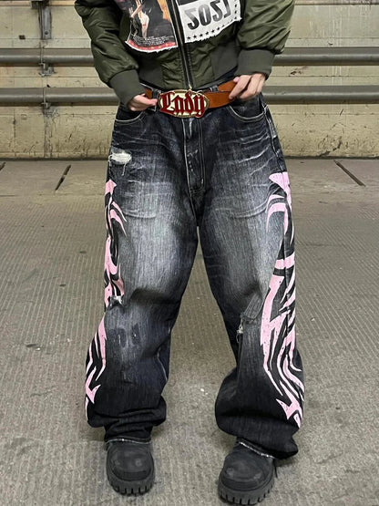 Men's Mottled Totem Print Jeans American Style Old Washed Wide Leg Retro Loose Fashion Trend Wide Leg Jeans Goth Pant Y2K Unisex