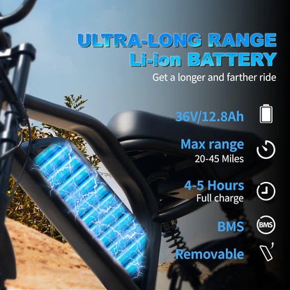 VDL Mountain Electric Bike , 16" Fat Tire Ebike, Wider Seat 250W Peak Motor, Removable Battery, Front Fork Suspension