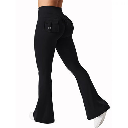 The Latest Women's Wide-leg High-elasticity Yoga Leggings Tooling Pockets Yoga Pants Hip-lifting Sports Fitness Pants Micro