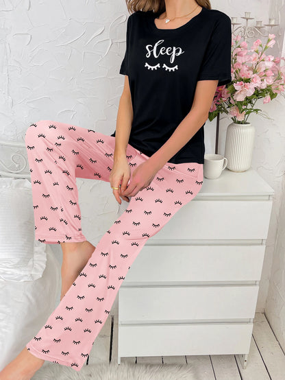 Women's new style home wear letter pattern short-sleeved blouse printed trousers two-piece casual pajamas set