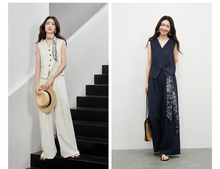 SENTUBILA Office 2 Piece Pant Set 2026 Women Linen Blend Summer Suit V Neck Waistcoat Wide Leg Baggy Pant Print Scarf 162ZA5663Z
