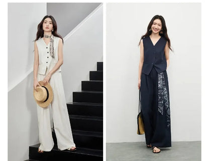 SENTUBILA Office 2 Piece Pant Set 2026 Women Linen Blend Summer Suit V Neck Waistcoat Wide Leg Baggy Pant Print Scarf 162ZA5663Z