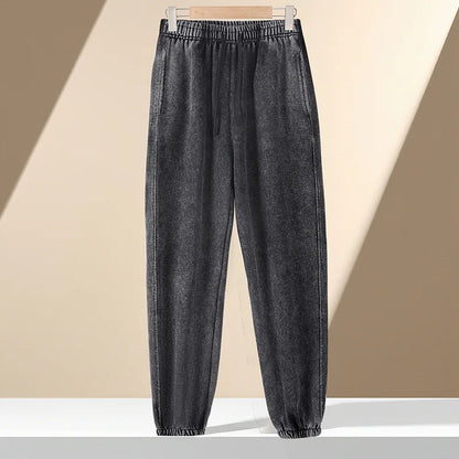 350g Water-Washed Distressed Loose Fit Casual Sweatpants with Ankle Ties - Retro American Style for Autumn/Spring