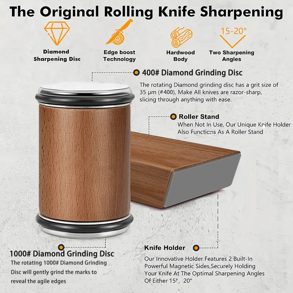 Rolling Knife Sharpener | Double Sided Diamond Sharpening Stone with Magnetic Angle