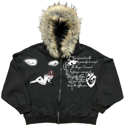 Retro Fashion Fur Collar Print Pattern Letter Hoodie Y2k Goth Street Men Women Loose Casual Sportswear Harajuku Jacket Zipper