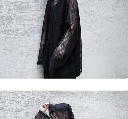 2024 Summer Dark Hollowed Out Mesh Hoodies T-shirt For Men Women Long Sleeves Loose Hooded Mesh Transparent Shirts