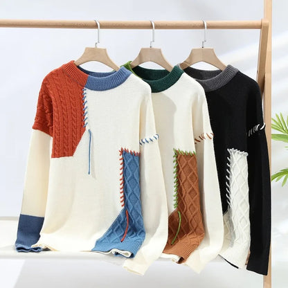 Patchwork Knitted Sweater - Men's Autumn Casual Streetwear Warm Pullover Jumper