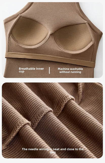Threaded Halter Neck Camisole Top With Build-in Bra High Elastic Slim-fitting Sling Fixed Cup Breathable Women Underwear