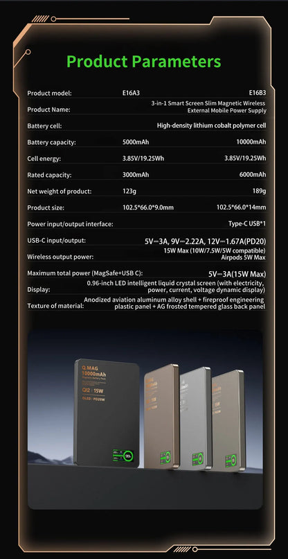 Magnetic Wireless Powerbank Qi 2.1 USB-C Fast Charging External Battery for iPhone 12-17 Pro Airpods Watch Xiaomi 10000mAh