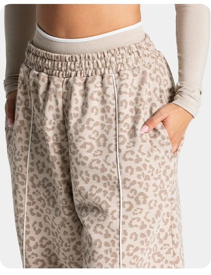 Women High Elastic Leopard Print Yoga Pants Loose Wide Leg Fitness Workout Pants Butt Lifting Slim Casual Sports Trousers