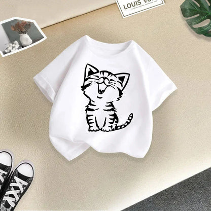 Summer New Cute Cat Animal Print Round Neck Short Sleeved Tee Shirt for Boys and Girls Fashionable and Simple Children's T-shirt