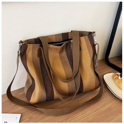 Striped Canvas Tote - Women's Crossbody Shoulder Bag With Zipper Closure, Versatile Daily Use