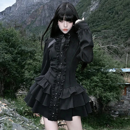 Y2K Lolita Dress - Gothic Mini Patchwork Lace Vintage Black Ruffle Slim Fit