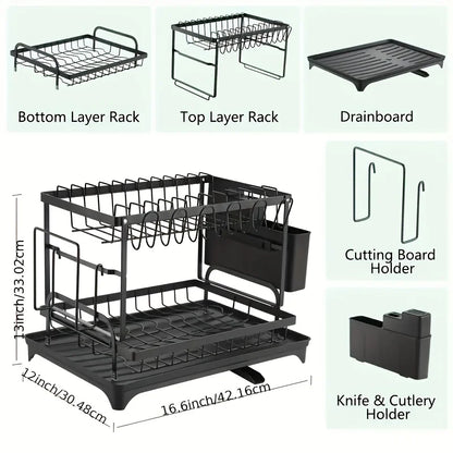 Kitchen Storage Rack - Large Capacity Double Layer Metal Tableware Stand with Drainage