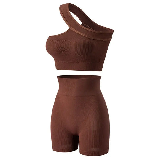 2Pcs Reusable Seamless Women Workout Sets High Waist One Shoulder Active Wear Ribbed Tank Tops Yoga Outfits Fitness