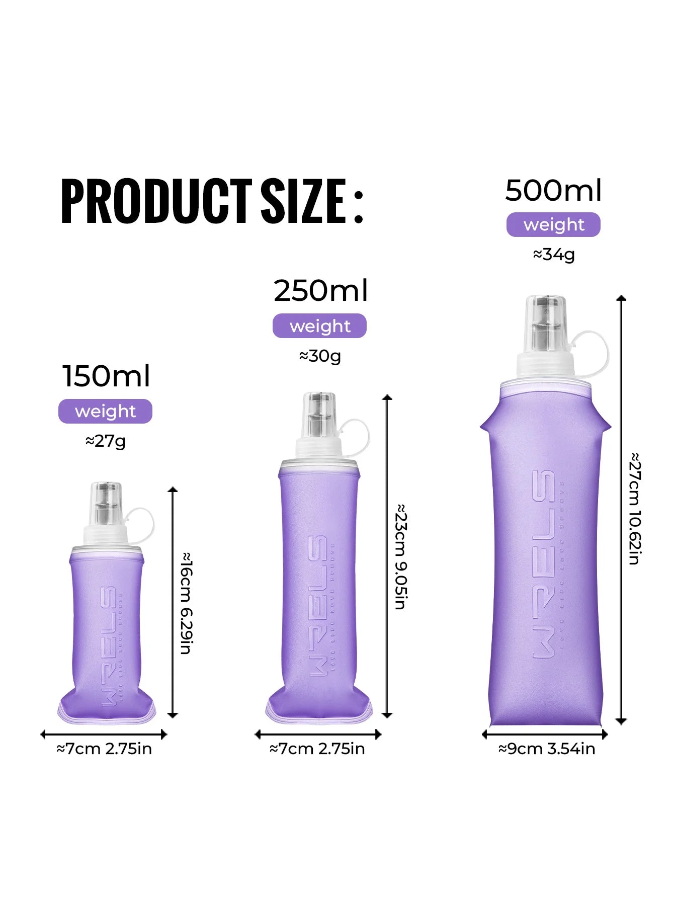 WRELS Soft Water Bottle Collapsible Soft Flask TPU Running Water Bottle Foldable Water Bag BPA-Free Sports Soft Water Flask