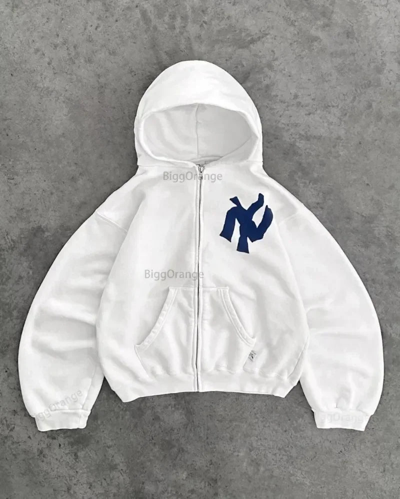 Y2K Harajuku Fashion Letter Pattern Printed Hooded Sweatshirt Hip Hood Casual Loose Men and Women Oversized Zipper Sweatshirt