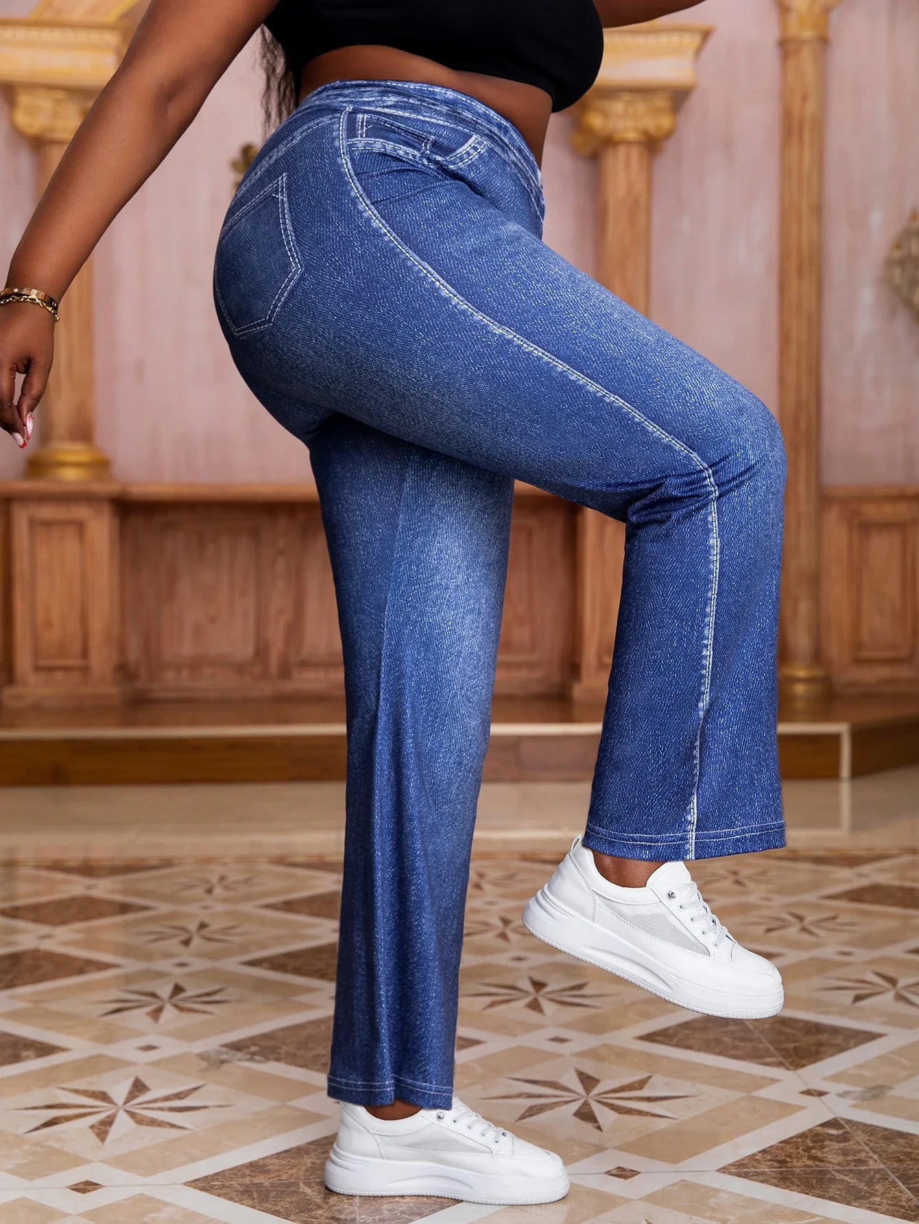 Plus Size Women's Mid-Rise Knit Wide Leg Pants with High Stretch and Stylish Faux Denim Print Comfortable Casual Trousers