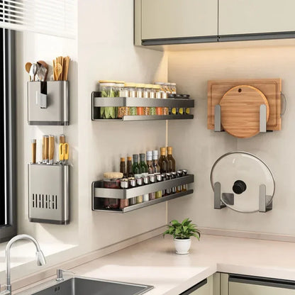 Multifunctional Wall-Mounted Spice Rack Kitchen Condiment Storage Shelf Holds Seasonings Tools Essential Kitchen Organizer Shelf