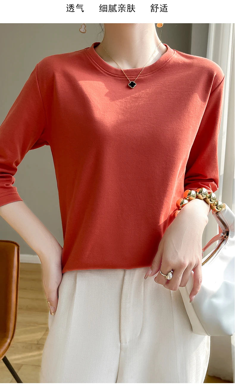 Summer Cotton Short-Sleeved T-Shirt Women's Round Neck Seven-Point Sleeves Loose Mercerized Cotton Half-Sleeve Shirt New T-shirt