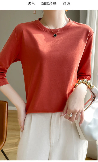 Summer Cotton Short-Sleeved T-Shirt Women's Round Neck Seven-Point Sleeves Loose Mercerized Cotton Half-Sleeve Shirt New T-shirt