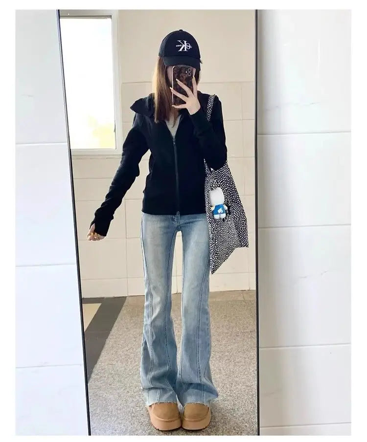 Streetwear Black Hoodie Coat 2025 Women's Clothing Hooded Zipper Slim Fit Y2k Jackets Casual Fashion Sweatshirts Tops Ropa Mujer