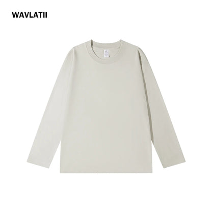 WAVLATII New Women Long Sleeve T shirts Female Blue 230 GSM Casual Oversized Tess Lady Solid Basic White Black Tops WLT2470