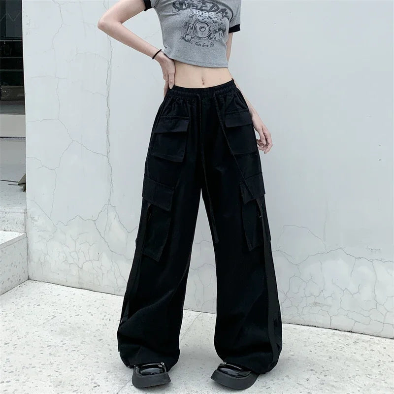 High Quality 2025 Cotton High Street Cargo Pants for Women Men with Ribbon High Waist Wide Leg Hip-hop Cool Dances Pants Ladies
