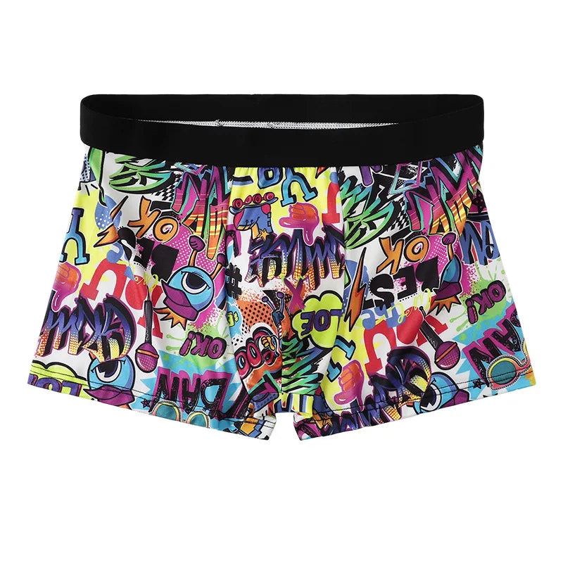 5PCS Random Men's Breathable Boxer Underwear with Colorful Graffiti Patterns Elastic Waistband Trendy and Fashionable Underwear