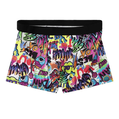 5PCS Random Men's Breathable Boxer Underwear with Colorful Graffiti Patterns Elastic Waistband Trendy and Fashionable Underwear