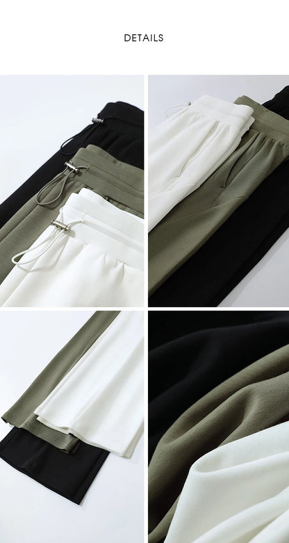 Amii Cotton Pants For Woman 2026 Autumn New Adjustable Rubber Band Waist Casual Pants Long Wide Leg Knit Women Trousers 12641040