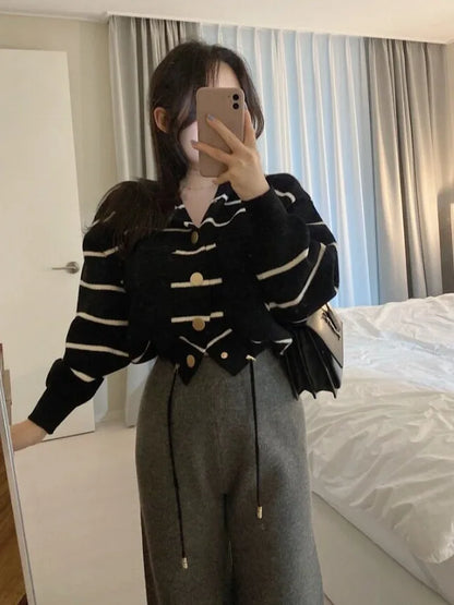 Loose Women's Knitted Cardigan Coat with Big Pockets Striped Splicing Drawstring Hem Single Buttoned Open Front Sweater
