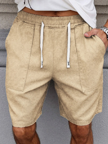 Summer Men's Retro American Style Shorts with Drawstring Casual Pants Included Solid Color Trendy Mid-Length Men's Shorts