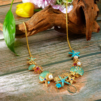 Exaggerated Metal Starfish Shell Pearl Necklace for Women Summer Ocean Coral Scallop Pendant Necklace Boho Beach Jewelry Gift