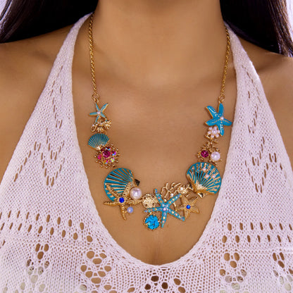 Exaggerated Metal Starfish Shell Pearl Necklace for Women Summer Ocean Coral Scallop Pendant Necklace Boho Beach Jewelry Gift
