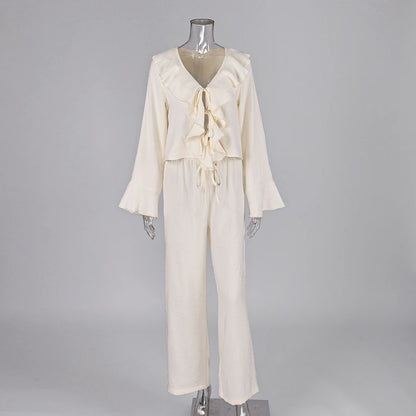 Linad Casual Loose Apricot Outfits Fashion Ruffles Flare Sleeve Blouse With High Waist Pant 2 Piece Sets Summer Long Pants Suits