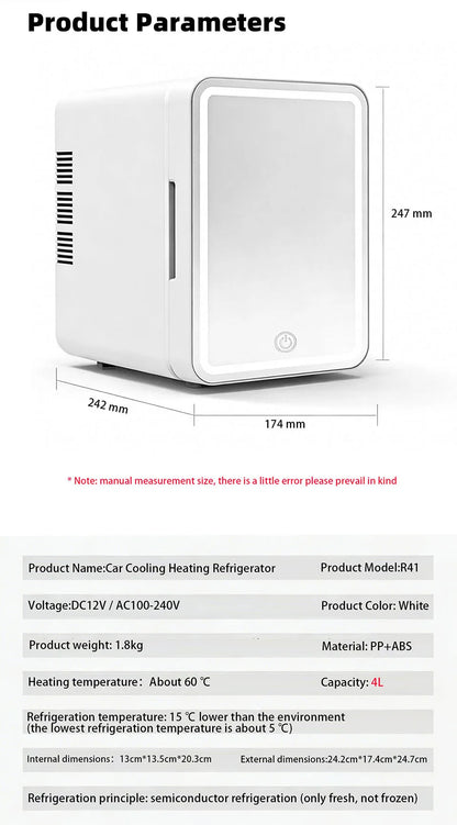 4L Mini Cooler＆Warmer Fridge With LED Light Mirror Portable Makeup Refrigerator Cosmetic Storage Keep fresh Cooler for Car Home