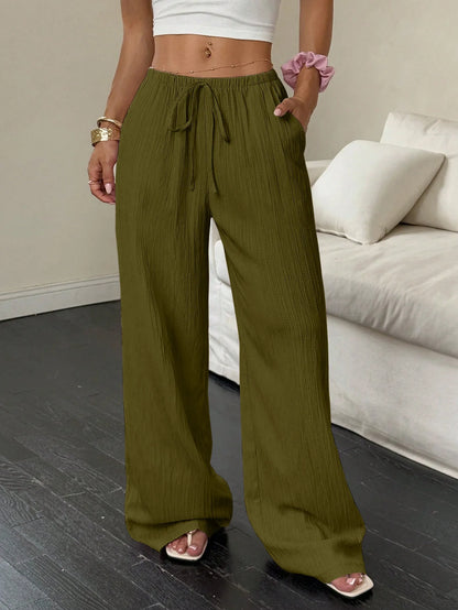 Women's Wide-Leg Cotton-Linen Blend Casual Floor-Length Pants Relaxed-Fit Drawstring Trousers for Home & Strolls