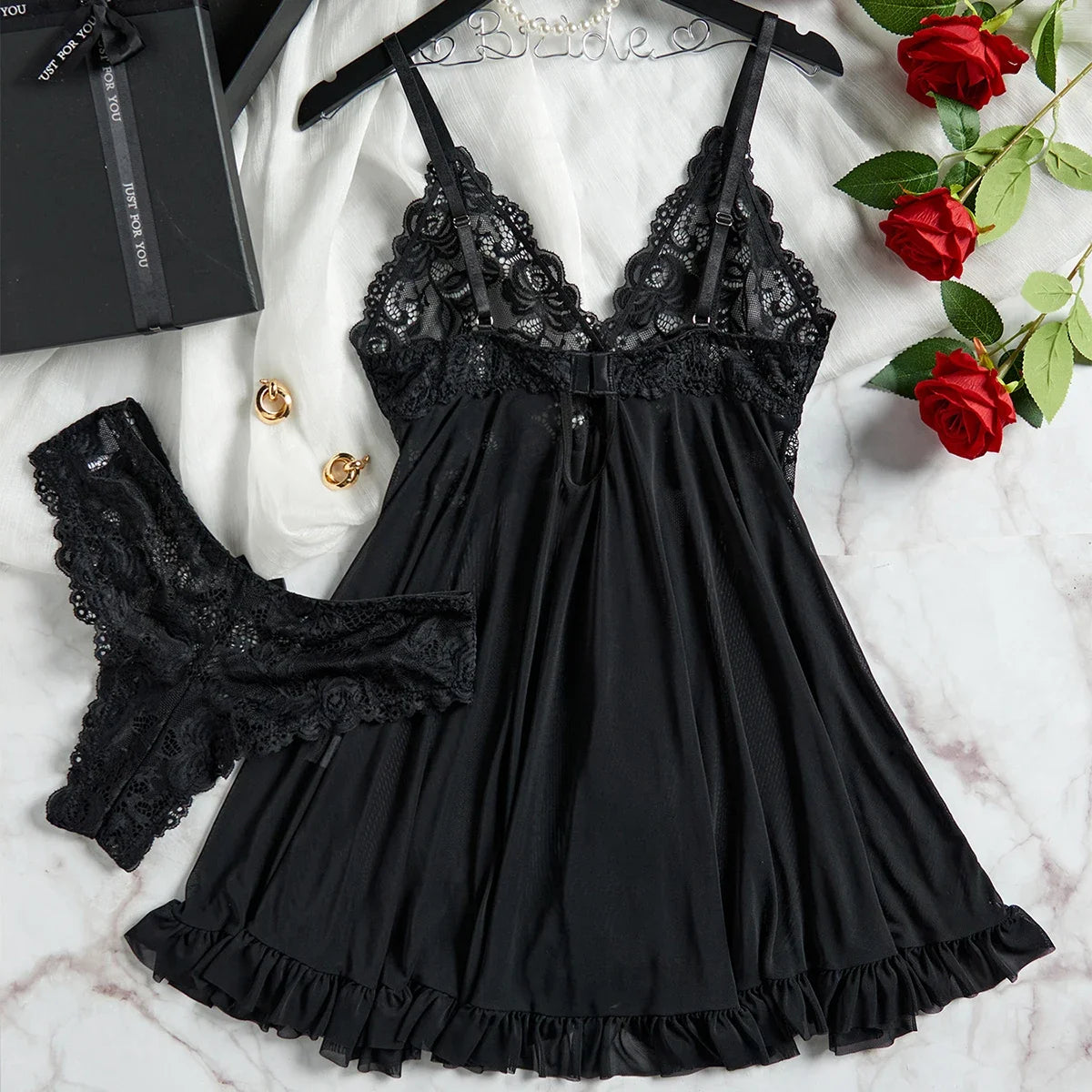 Lace V-Neck Tulle Suspenders Thong Lingerie Set - Exquisite Semi-Transparent Nightgown - ZOOMNSTORE