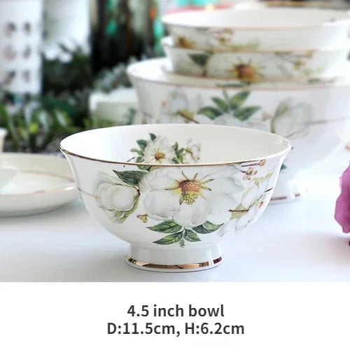Bone China Dinnerware Set - Floral Ceramic Plates Bowls  Soup Pots