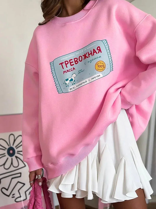 Sumuyoo Printing Warm Sweatshirt Loose Round Neck Oversized Chic Women's HoodiesTrendy Casual Autumn Winter Office Lady Pullover